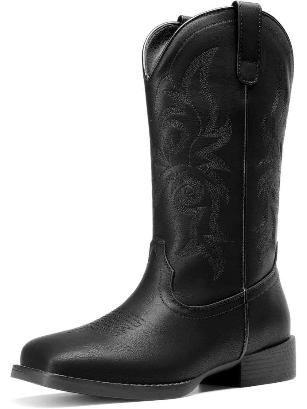 Women's Cowgirl Boots Embroidered Square Solid Black Toe Mid Calf Western Boots
